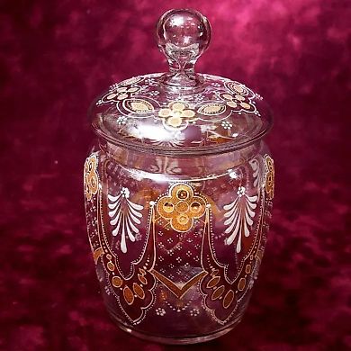 "Golden Pattern" - Biscuit Jar - Sugar Bowl - Jar with Lid, Glass, England, 1930s.