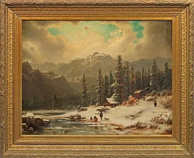 Johann Wilhelm Schirmer: Winter Alpine Landscape with Figures and a Farm