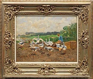 "Мюнхен - 1915: Кормление гусей под ароматным облачным небом на берегу озера"