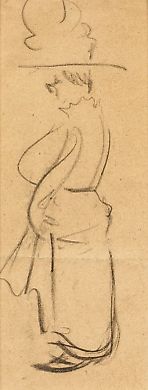 "Widow Bolte at the ball: an original depiction of a plump lady with a large hat in profile"