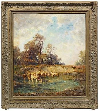 "Late summer: a view of a sunlit landscape with trees and a small herd of cows by the floodplain, inspired by Heinrich von Zügel"
