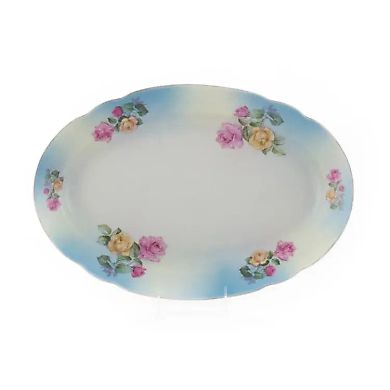 Kuznetsov tray from the late 19th century with hand-painted pink decoration, dimensions 17 1/2 x 12 inches.