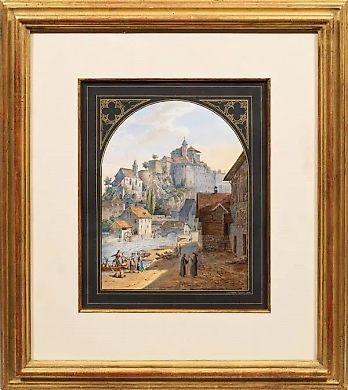 "Романтическая живопись в Базеле: тщательно детализированный вид города Аарбург с фигурными персонажами"