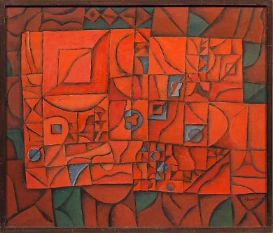 "Композиция в Красном: сниженная яркость цветов и орнаментально-геометрическая абстракция"