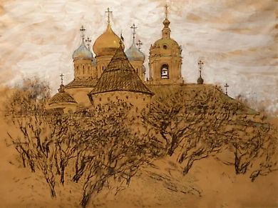 Novospassky Monastery. Moscow. Paper, charcoal, pastel.