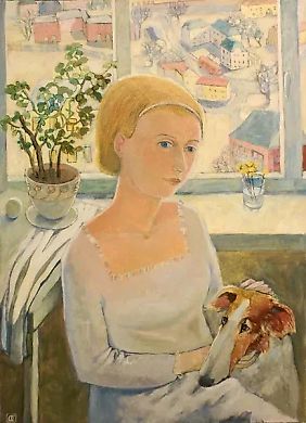 Девушка с собакой масло, холст