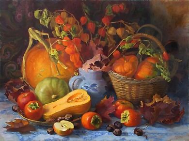 Pumpkins, persimmons, and dry leaves  
oil, canvas