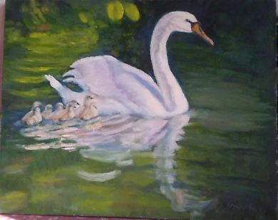 Family of swans, oil on canvas