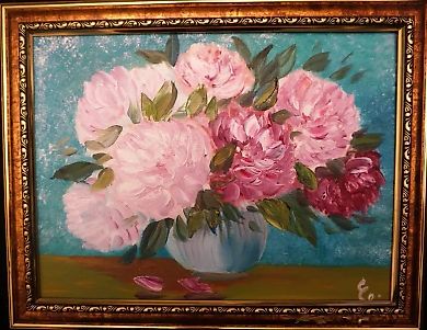 Peonies, oil, cardboard