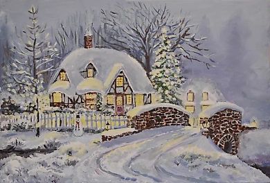 Зимний дом темпера, холст на картоне 