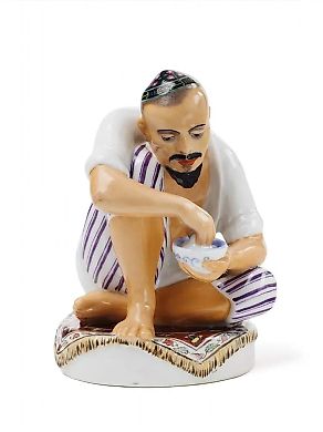 An Uzbek man is eating plov. A realistic drawn figure of a man squatting on a mat and eating plov.