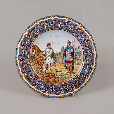 Porcelain plate with a polychrome pattern and gilded decoration of a scene illustrating the song of Mikulin Selyaninovich