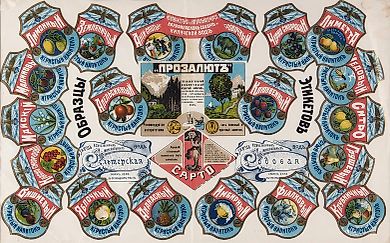 [Рекомендуются авторитетами] Плакат: Образцы этикетов фруктово-ягодных и искусственных минеральных вод. М.: Павел Вортман, 1900-1910-е гг.