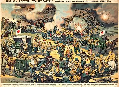 Лубочный плакат «Война России с Японией. Геройские подвиги санитарных отрядов Красного Креста» / худ. Н. Богатов. М.: Типо-литолграфия П.П. Щеглова, 1904.