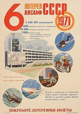 Рекламный плакат «6 лотерея ДОСААФ СССР. 1971. Покупайте лотерейные билеты» / худ. Г.Г. Макаров. М.: Издательство ДОСААФ СССР, 1970.