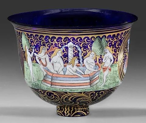 Murano dark blue glass bowl with gold and enamel decoration, inspired by the Barovier wedding cup or goblet ("coppa nuziale").