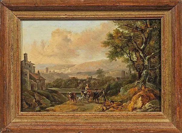 Arcadian Italian landscape with figures: an atmospheric painting in the style of Nicolaes Berchem and Jan Both