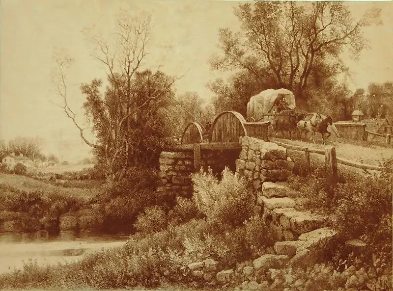 Старая водяная мельница гравюра на натуральной коже 