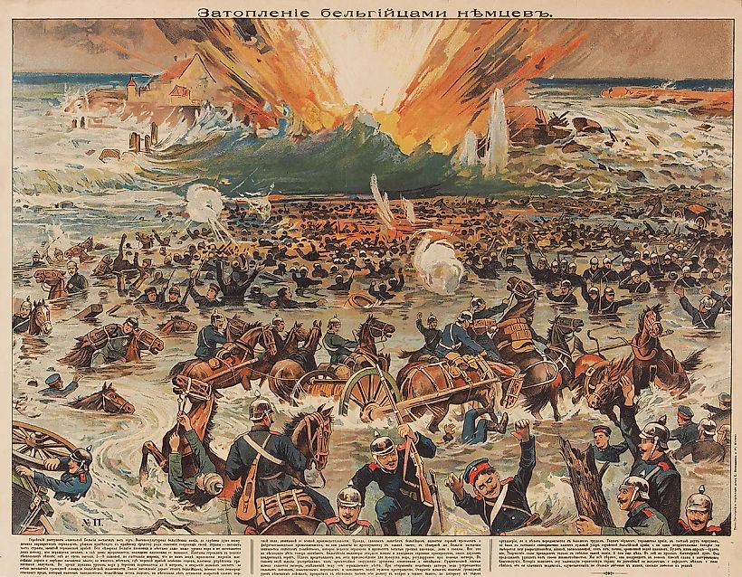Лубочный плакат «Затопление бельгийцами немцев». М.: Типо-Литография Торгового Дома Е. Коновалова и К°, [1914].