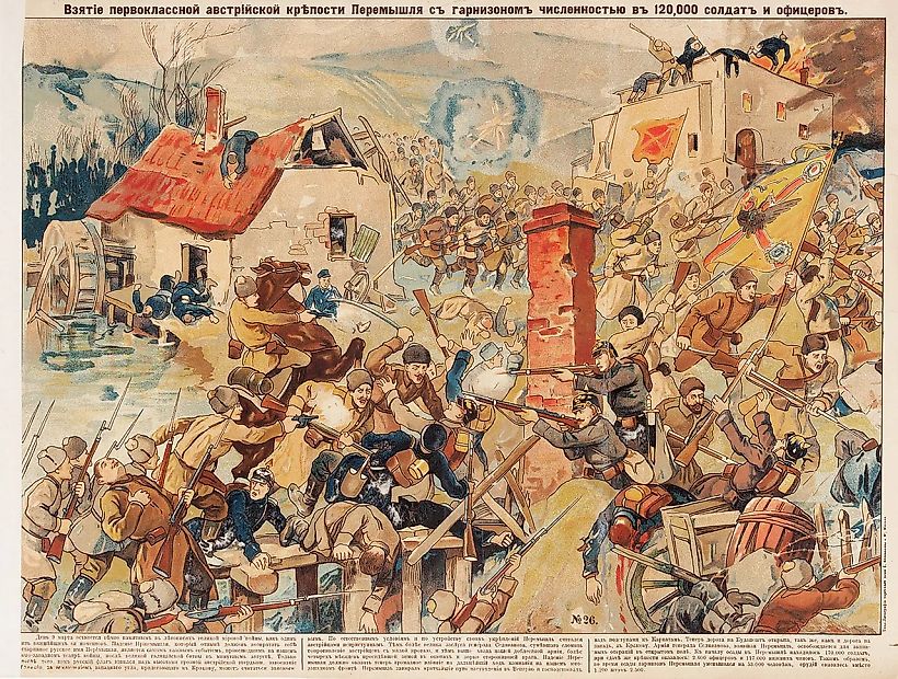 Лубочный плакат «Взятие первоклассной австрийской крепости Перемышля с гарнизоном численностью в 120 000 солдат и офицеров». М.: Типо-Литография Торгового Дома Е. Коновалова и К°, [1915].