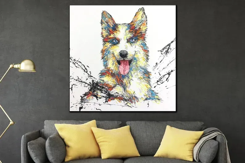 Large abstract paintings of dogs on canvas.