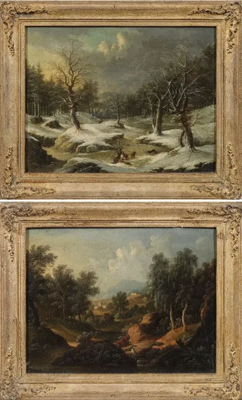 "Cabinet paintings by Peter von Bemmel: contrasting landscapes and hunting scenes."