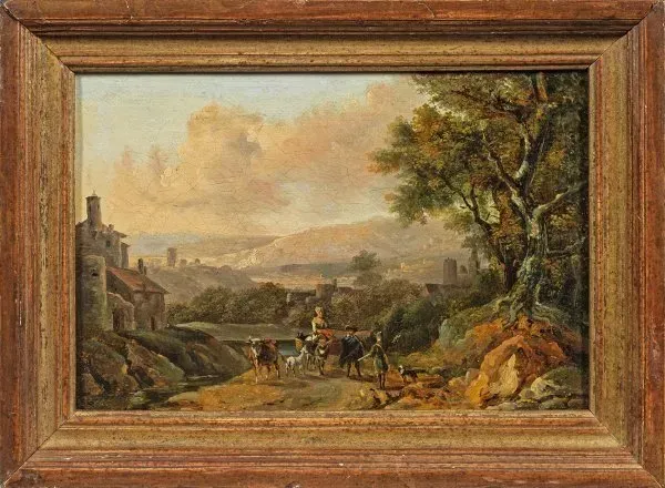 Arcadian Italian landscape with figures: an atmospheric painting in the style of Nicolaes Berchem and Jan Both.