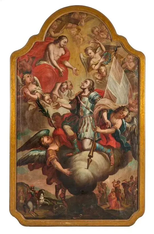 Majestic altar painting with Saint George: the fusion of scenes, elevation in Paradise.