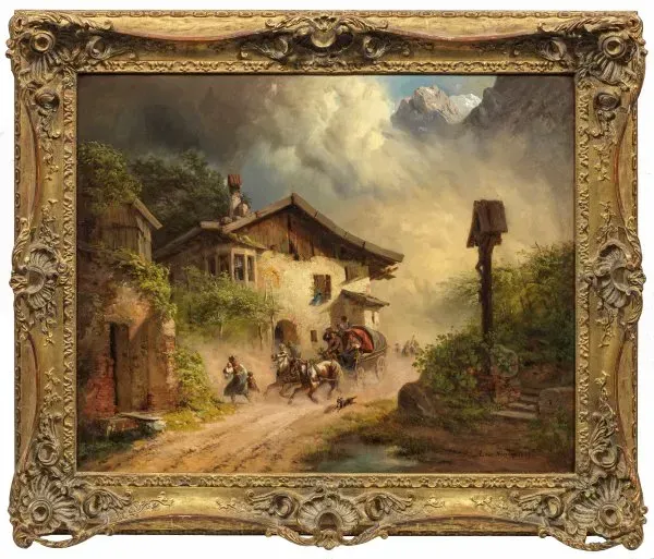 "Rare early work by Lirsa: atmospheric landscape with a quick ride before an impending storm in an alpine village."