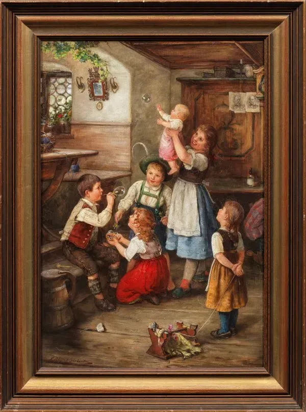 Playing children create soap bubbles: a genre painting from the Munich School with an atmospheric mood.