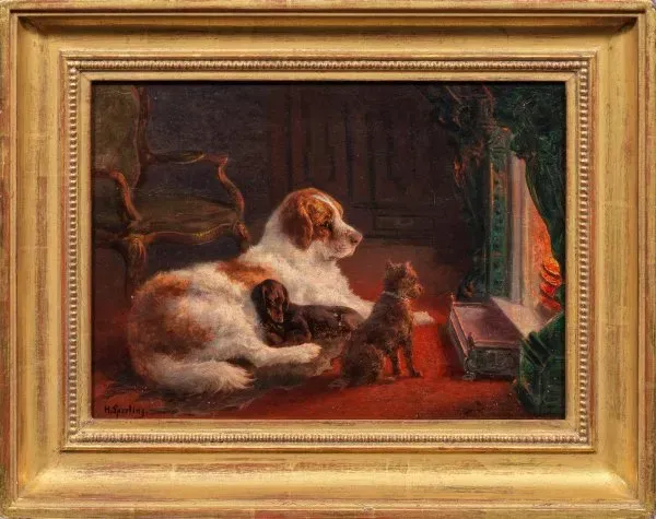 Characteristic picture of a famous artist: dogs in front of a fireplace.