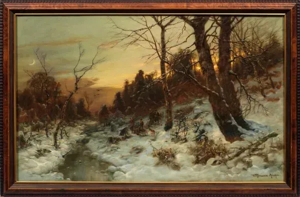 Winter landscape with collectors: an evening atmosphere, covered with snow.