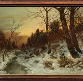 Зимний пейзаж с коллекционерами: вечерняя атмосфера, усыпанная снегом