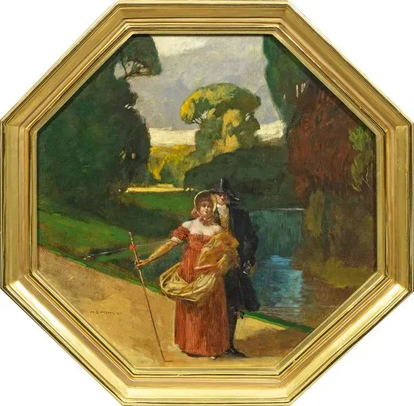 "Elegant couple in Biedermeier style in the park: a refined atmosphere of illumination"