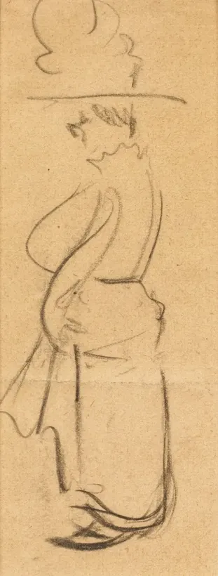 "Widow Bolte at the Ball: an original depiction of a lush lady with a big hat in profile"