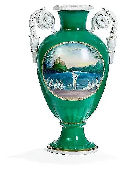 Russian porcelain vase with scene from "Swan Lake" and a portrait of P. I. Tchaikovsky. Signed G. Zaharov 1958, Dulevo Porcelain Manufactory, Moscow. H. 54 cm.