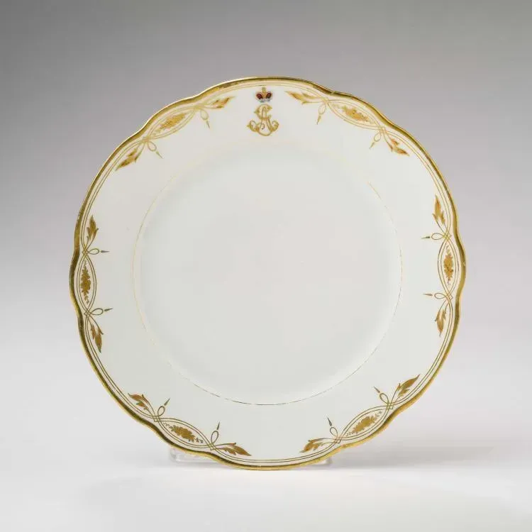 RUSSIAN PORCELAIN INITIALLED DESSERT PLATE, KUZNETSOV FACTORY, VERBILKI, DMITROV (FORMERLY GARDNER'S), 1891-1917.