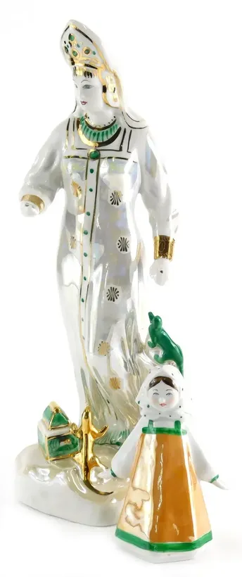 A Russian porcelain Dulevo figure group, green with gild highlights, 37cm high and another figure wi