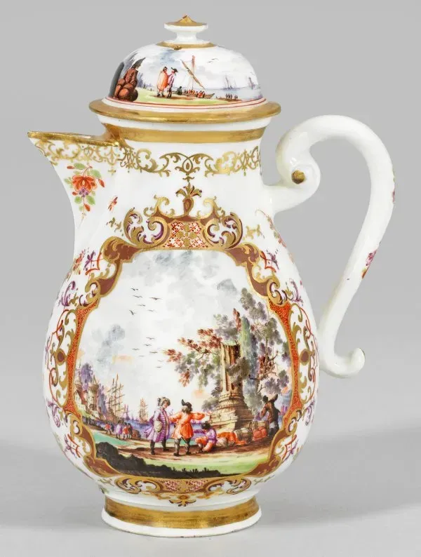 Magnificent Meissen coffee pot with merchant scenes