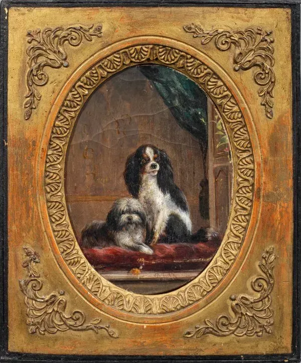 "A rare image of a dog in an interior: King Charles Spaniel and Bolognese in a small oval painting"