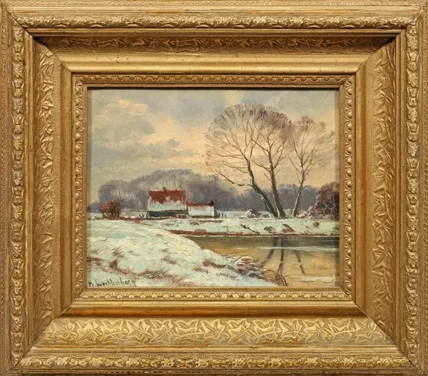 Party in a winter setting: a cottage, water, and a dynamic landscape in an impressionistic style.