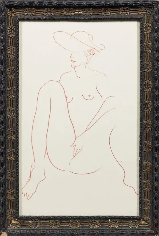 Active artist of the 20th century: a female model with a hat in an explicit pose.