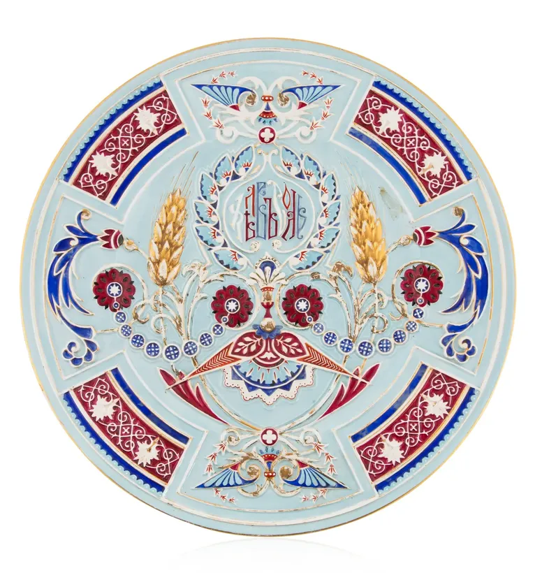 A RUSSIAN PORCELAIN BREAD AND SALT CHARGER, KUZNETSOV PORCELAIN FACTORY, TVER, CIRCA 1890