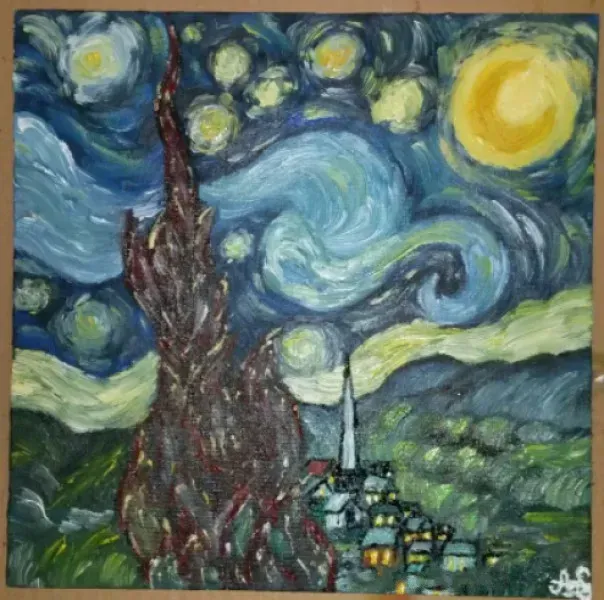 Starry night in my rendition, oil on canvas.