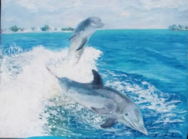 Dolphins on the coast of Crimea, oil on canvas.