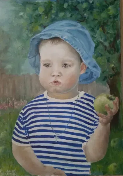 Boy with an apple, canvas oil