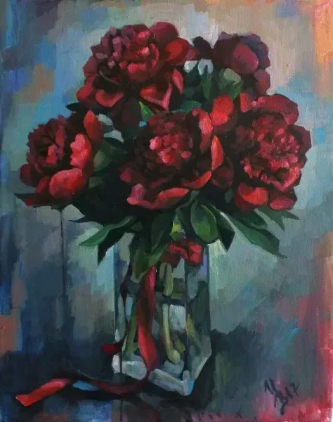 Velvet peonies canvas, acrylic, tempera.