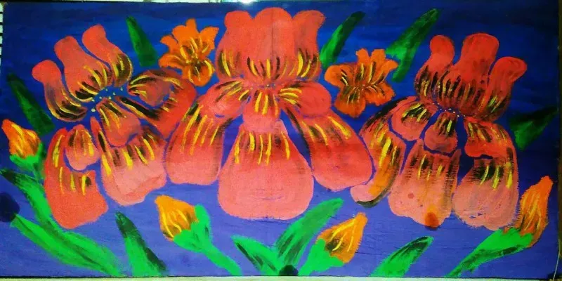 Crimson irises on a blue background - art guache on cardboard.