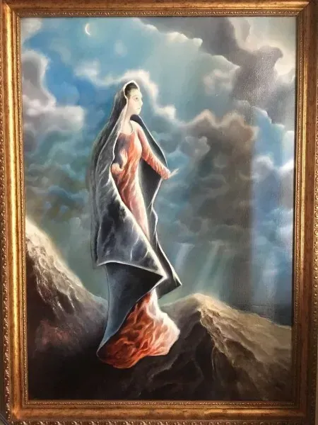 The text in English is: "Virgin Mary with oil, El Greco's signature technique."