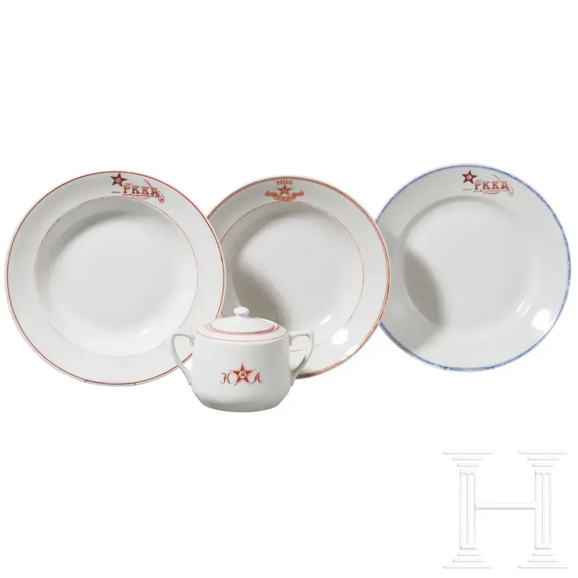 Three plates and a sugar bowl, Soviet propaganda porcelain of the Red Army